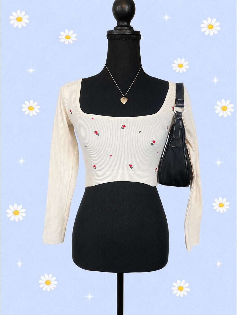 Coquette fairycore floral embroidered ribbed Zara crop top size XS 🤍